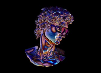 Wall Mural - 3D illustration of a holographic sculpture of a bust in glasses. Futuristic vaporwave style image.