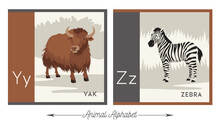 Illustrated Alphabet With Animals For Kids. Letter Y For Yak And Letter Z For Zebra. Vector Collection Of Wildlife. For Printable Cards, Learning Tools, Decor.