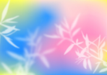 Poster - Pastel Holographic Gradient Background with Branches and Leaves. Abstract Bg with Blurred Tree Leaves Overlay