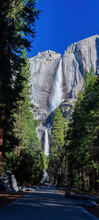 Sunny View Of The Upper And Lower Yosemite Falls Of Yosemite National Park