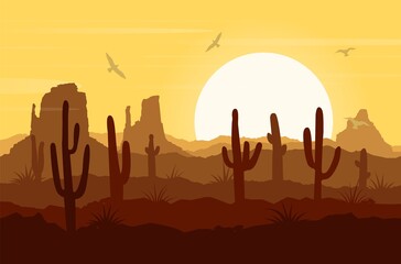 Desert landscape background with dunes, cacti, sun
and birds. Silhouette of desert and cacti. Sunset in the desert. Vector illustration