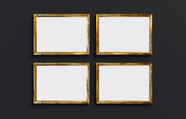 Canvas Print - Four golden rectangle frames isolated on black background. 3D render. 3D illustration.