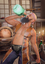 A 3d Digital Rendering Of A Male Pirate With A Beer Belly Drinking The Last Drop From An Empty Bottle Of Rum.