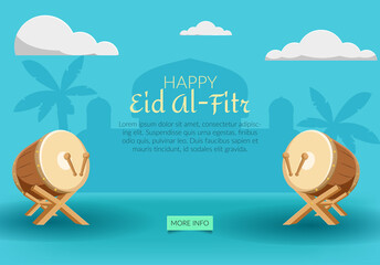 Sticker - Happy Eid al fitr, Ied Mubarak, Selamat hari raya idul fitri. Indonesian muslim tradition with bedug or traditional drum. Ied al fitr background