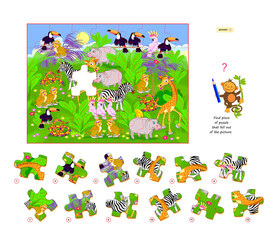 Logic game for children and adults. Find piece of puzzle that fell out of picture. Printable page for kids brain teaser book. Developing spatial thinking. Play online. Vector illustration.