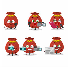 Poster - Character reporter red bag cute mascot with microphone