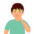 © Orapun - Boy child suffering from vomit and closing mouth in flat design. Nausea vomiting symptom.