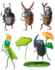 Canvas Print - Set of different insects and beetles in cartoon style