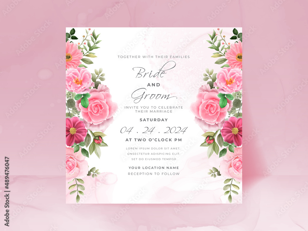 wedding invitation card set with beautiful pink flowers design Stock ...