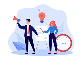 Wall Mural - office person with idea and businessman speaking into megaphone. woman with business plan flat vecto