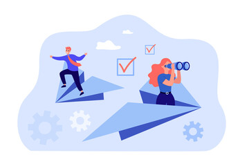 Wall Mural - cartoon business persons flying on paper planes. businesswoman with binoculars flat vector illustrat