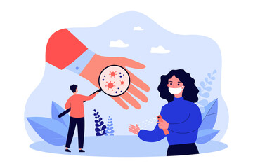 Wall Mural - Tiny man with magnifier examining germs on giant hand. Woman in mask using hand sanitizer flat vector illustration. Coronavirus, health, medicine concept for banner, website design or landing web page