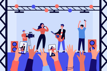 Wall Mural - hands of fans filming performance of music band on stage. woman singing, man playing guitar flat vec