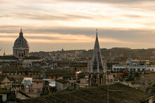 Panoramic View From The Pinicio Viewpoint Of Rome Italy, In The Middle Of An Intense Orange Sunset