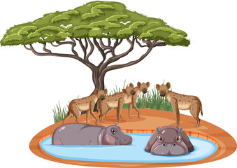 Wall Mural - Isolated savanna forest with hyena and hippopotamus