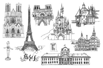 France. Paris. Vector sketch town. Hand drawn public and religious buildings (disneyland, Eiffel Tower, Notre-Dame de Paris, Ecole Militaire, Reims Cathedral), lettering.