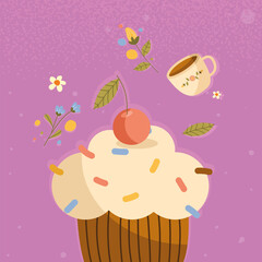 Wall Mural - cupcake with flowers