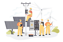 Team Of Construction Workers With Wind Turbines And Solar Panels. Installation Or Repair Of Electric Utility Poles Flat Vector Illustration. Maintenance Service, Electricity, Renewable Energy Concept