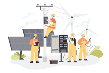 Wall Mural - team of construction workers with wind turbines and solar panels. installation or repair of electric