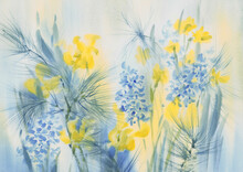 Blue And Yellow Spring Flowers Watercolor Background