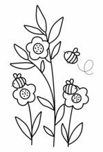 Vector Black And White Flowers With Bees. Funny Outline Illustration Or Coloring Page With Bumblebees Pollinating Plants. Honey Insects With Greenery Line Icon..