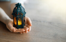 Ornamental Arabic Lantern With Burning Candle