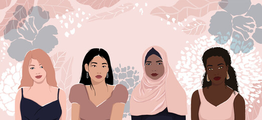 Wall Mural - Women of different ethnic groups together. Modern flat illustration with flowers and leaves. Womens day.