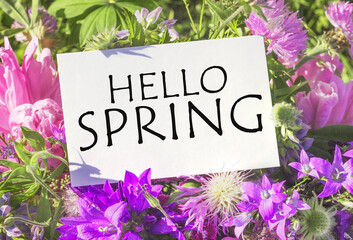  HELLO SPRING . white card for a bouquet with the inscription in a bright beautiful bouquet of flowers. Copy space
