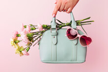 Fashion Spring Accessories - Mint Handbag (purse) And Heart Shaped Sunglasses On Pastel Pink.