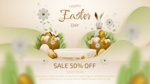 Podium And 3d Realistic Bunny With Gold Easter Egg Elements And Flower With Grass Decorations.