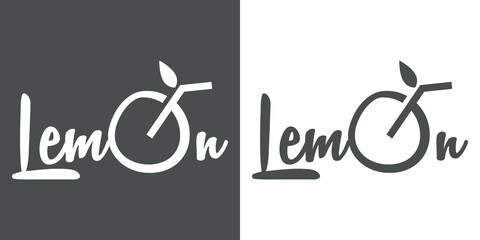 Poster - Logo Juice bar. Banner con caligrafía Lemon con letra O con forma de bebida de limón en fondo gris y fondo blanco