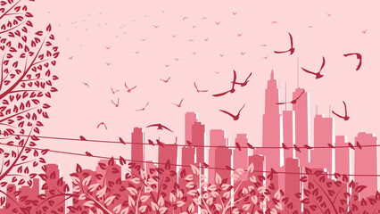 Wall Mural - Horizontal vector illustration of big city and skyscrapers with trees and flocks of birds (in pink tone).