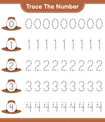 Trace the number. Tracing number with Hat. Educational children game, printable worksheet, vector illustration