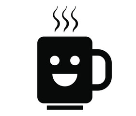 Wall Mural - Smiling mug flat vector icon. Coffee, tea hot mug with smile and steam waves on it. 