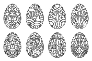 Poster - Easter eggs decorative design elements. Black thin line art outline ornate eggs isolated on white background. Easter egg design decorated with floral elements. 