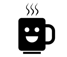 Wall Mural - Smiling mug flat icon. Coffee, tea hot mug with smile and steam waves on it. 