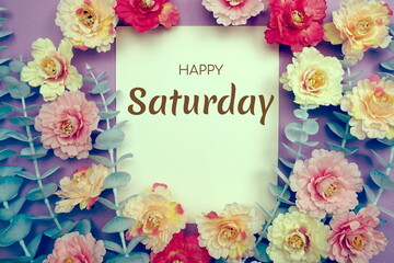 Poster - Happy Saturday typography text and flower decorate on purple background