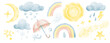 Leinwandbild Motiv Watercolor Weather set. Hand drawing illustration with Clouds, Stars, Sun, Rain, Rainbow, Crescent, Snow and Umbrella. Colored elements painted on white isolated background