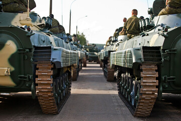 russian tanks troops army machines on the street heading out to war