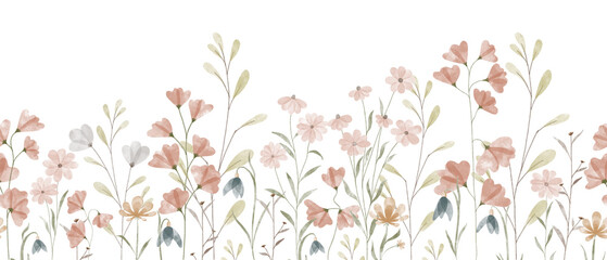 floral summer horizontal pattern with wildflowers. watercolor hand drawn isolated illustration borde