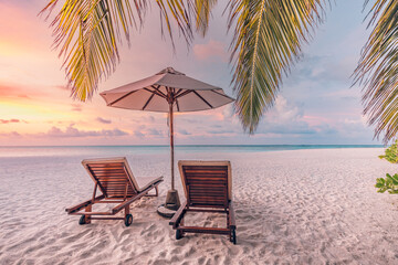 Aufkleber - Closeup sea sand beach. Couple beach landscape. Inspire romantic tropical seascape horizon. Orange gold sunset sky calmness tranquil relaxing summer mood. Chairs, umbrella for vacation travel holiday 