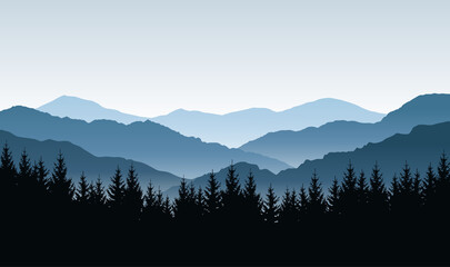 Wall Mural - vector blue panoramic landscape with silhouettes of mountains and forest