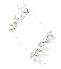 Canvas Print - Watercolor painted floral frame. Arrangement with branches and leaves. Vector rhombus template for wedding invitation