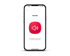 Fototapete - 3d isolated vector elements. Minimal modern sound, noise, notification, voice adjust icon emblem symbol with ultra realistic smartphone. 3d red sound icon. Mobile app icons. Device UI UX mockup.