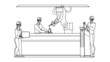© sevector - Industrial Production Controlling Workers Black Line Pencil Drawing Vector. Industrial Production Conveyor And Goods Quality Control Factory Employees. Characters Working In Workshop Illustration