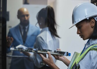 Canvas Print - The wonder of getting up close and personal. Shot of a young woman closely inspecting a motherboard in a server room.