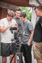 Behind Scenes. Film Crew Team Shooting Movie Scene. Group Filmmaking