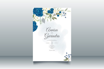 Beautiful blue floral frame wedding invitation card template Premium Vector