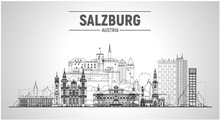 Salzburg (Austria) Line City. Stroke Vector Illustration. Business Travel And Tourism Concept With Modern Buildings. Image For Banner Or Web Site.