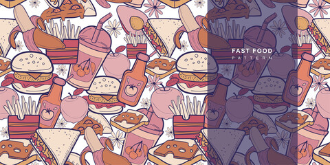 Wall Mural - Vector fastfood pattern. Without background. Pastel doodle design. Pink color.